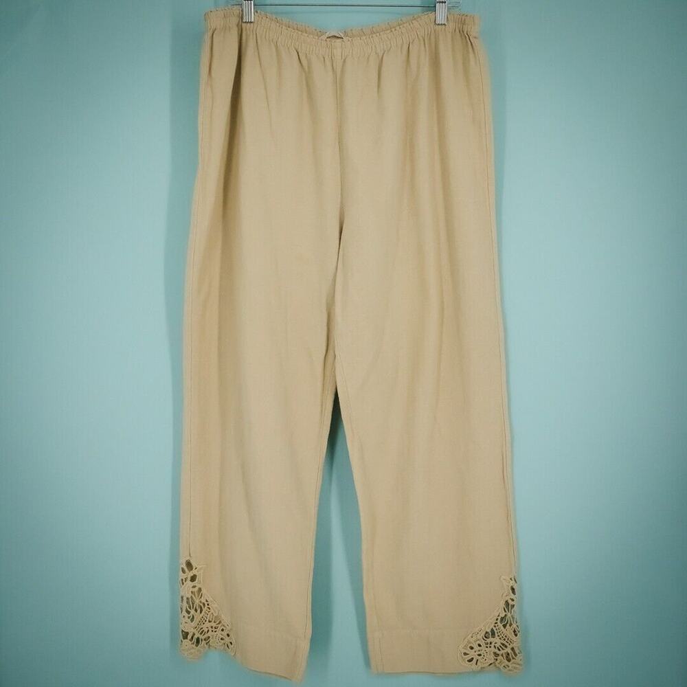 Soft Surroundings Size XL Tan Cotton Gauze Crochet Lace Ankle Straight Pants